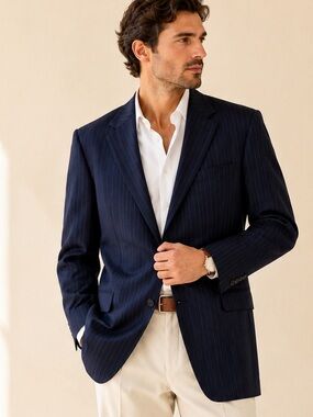 Canali Tailored Pinstripe Wool Blazer Quiet Luxury Italy Deep Navy Blue Size 46L